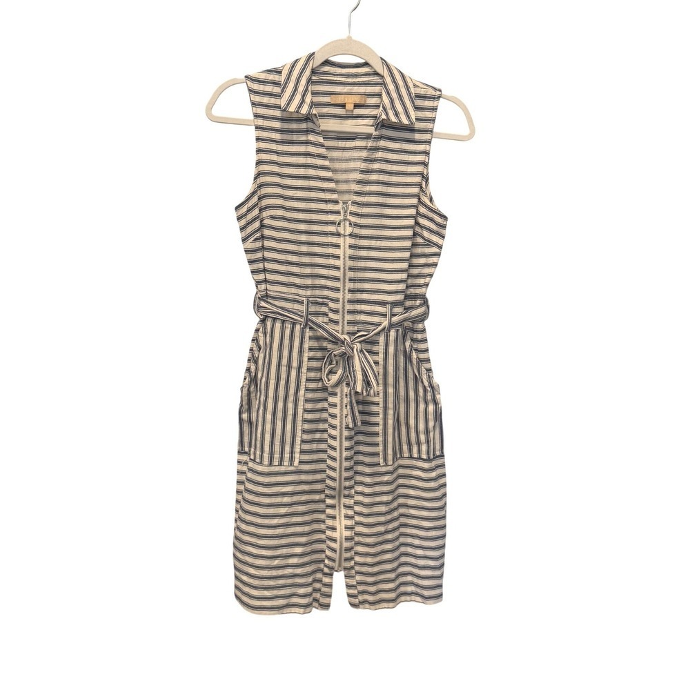 Hope & Harlow Nautical Stripe Linen Blend Zip Front Mini Dress Sz 6 Sleeveless